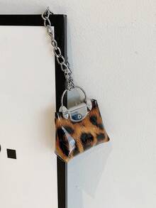 全新女式 PU 皮革铂金迷你吊坠包时尚百搭钥匙扣吊坠包迷你小袋吊坠链迷你手提包钥匙扣小袋吊坠背包装饰猎豹印花豹纹 - 棕色 - 查看 4