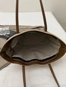 Large Capacity Casual Vacation Straw Tote Bag, Minimalist Elegant Women Shoulder Handbag, Hottest Beach Bags For Women, Fashion Summer Vacation Bag, Beach Essentials Women Bags For Vacation & Holiday - Coffee Brown - View 5
