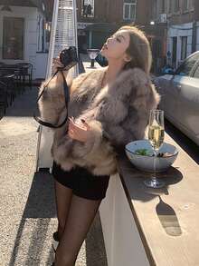 女士优雅扎染V领长袖仿皮草夹克