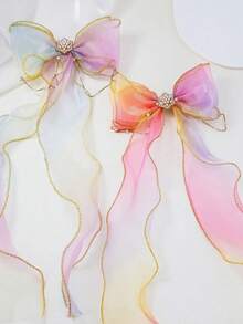 2pcs Pink & Purple Bowknot Hair Clips With Pearl Chain, Rainbow Hair Pins, Princess Hairstyle Decor For Girls, Suitable For Daily Wear, Holiday Photos - Multicolor - View 4