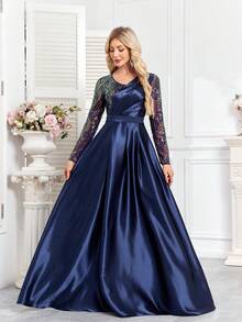 hezixi High Quality Elastic Sequin V-Neck Cover Sleeves With Slim Fit And Fishtail Hem Design, Featuring A Solid Elegant And Luxurious Long Dress For Women,Making Women Younger And More Charming,Suitable For Various Parties, Graduations, Weddings, Events And Various Banquets And Dancing Parties,Formal Ball Gown For Women (Deluxe Edition) - Navy Blue - View 2