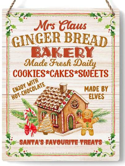 1pc Christmas Gingerbread Bakery Logo Wooden Sign, Winter Decor Rustic Wall Art, 20cm X 25cm Sign For Home, Farmhouse, Kitchen Home Decor Christmas Decorations Room Decor
