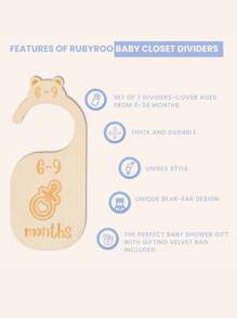 1 套/7 件精美木制婴儿衣柜隔断 - 可爱熊设计，适合新生儿至 24 个月大小的衣服 - 可爱的育儿室装饰衣架隔断，轻松整理您的小女孩或男孩的房间 - 彩色 - 查看 4