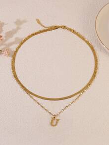 1pc Minimalist Stainless Steel Double Layer Necklace With Uppercase Letter Pendant, Suitable For Women's Daily Wear Or As A Gift For Friends - Yellow Gold - View 15