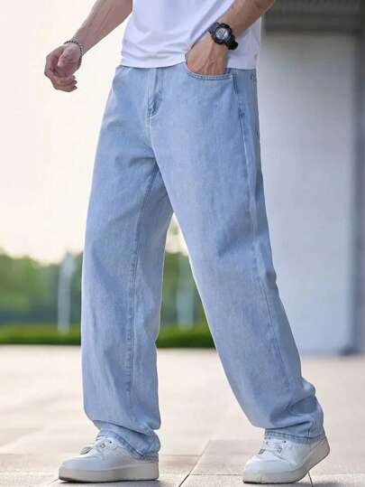 Jeans For Men Loose Fit Men's Cotton Jeans With Slant Pockets Baggy Long Washed Skater Jean Cargo Plain Light Blue Going Out Y2K Friends