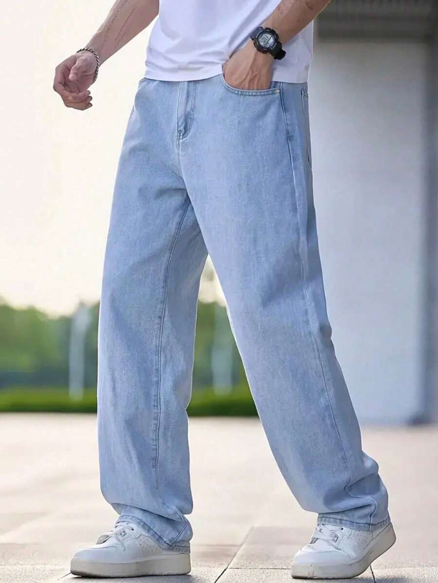 Jeans For Men Loose Fit Men's Cotton Jeans With Slant Pockets Baggy Long Washed Skater Jean Cargo Plain Light Blue Going Out Y2K Friends