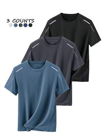 男友风男士三件装夏季短袖圆领网眼透气弹力运动 T 恤