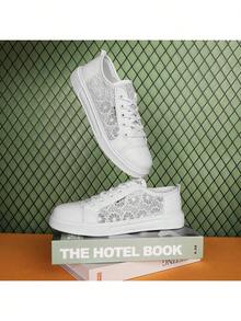 Women's White Casual Canvas Sneakers, Spring/Summer 2025 New Hollow Breathable Sports Shoes - White - View 6