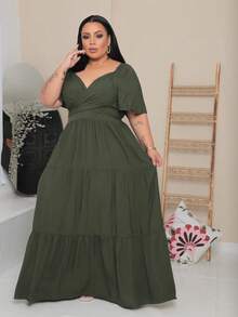 Women's Long Plus Size Dress With Wrap Around Front, Party Fashion - Army Green - View 1