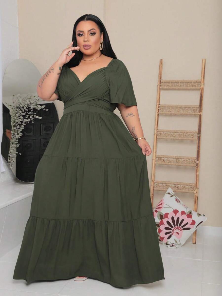Women's Long Plus Size Dress With Wrap Around Front, Party Fashion - Army Green - View 1