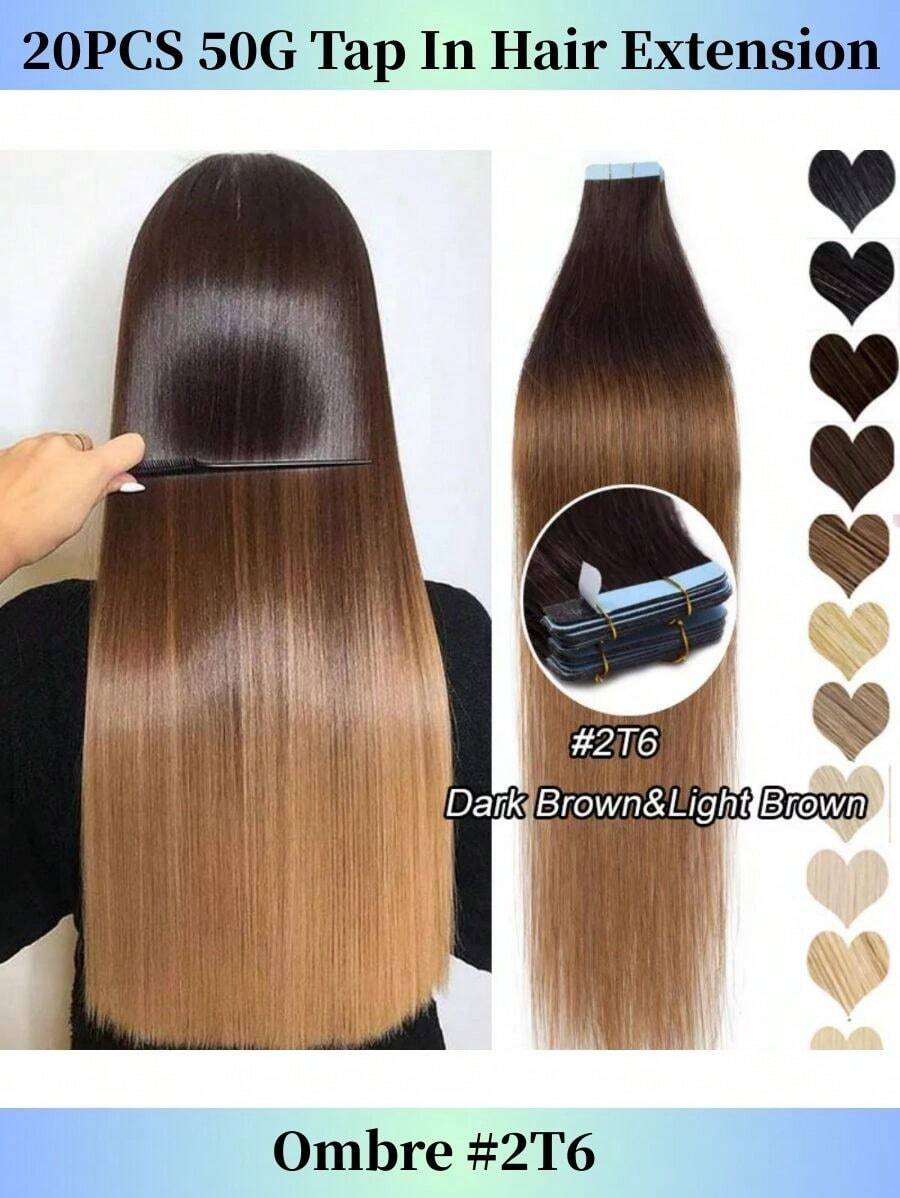 Tape In Hair Extensions 16-26Inch Real Human Hair Tape In Extensions Dark Brown&Light Brown 20Pcs Double Sided Tape In Human Hair Remy Hair Straight Natural Seamless Hair Extensions For Women - S2/6 - 查看 1