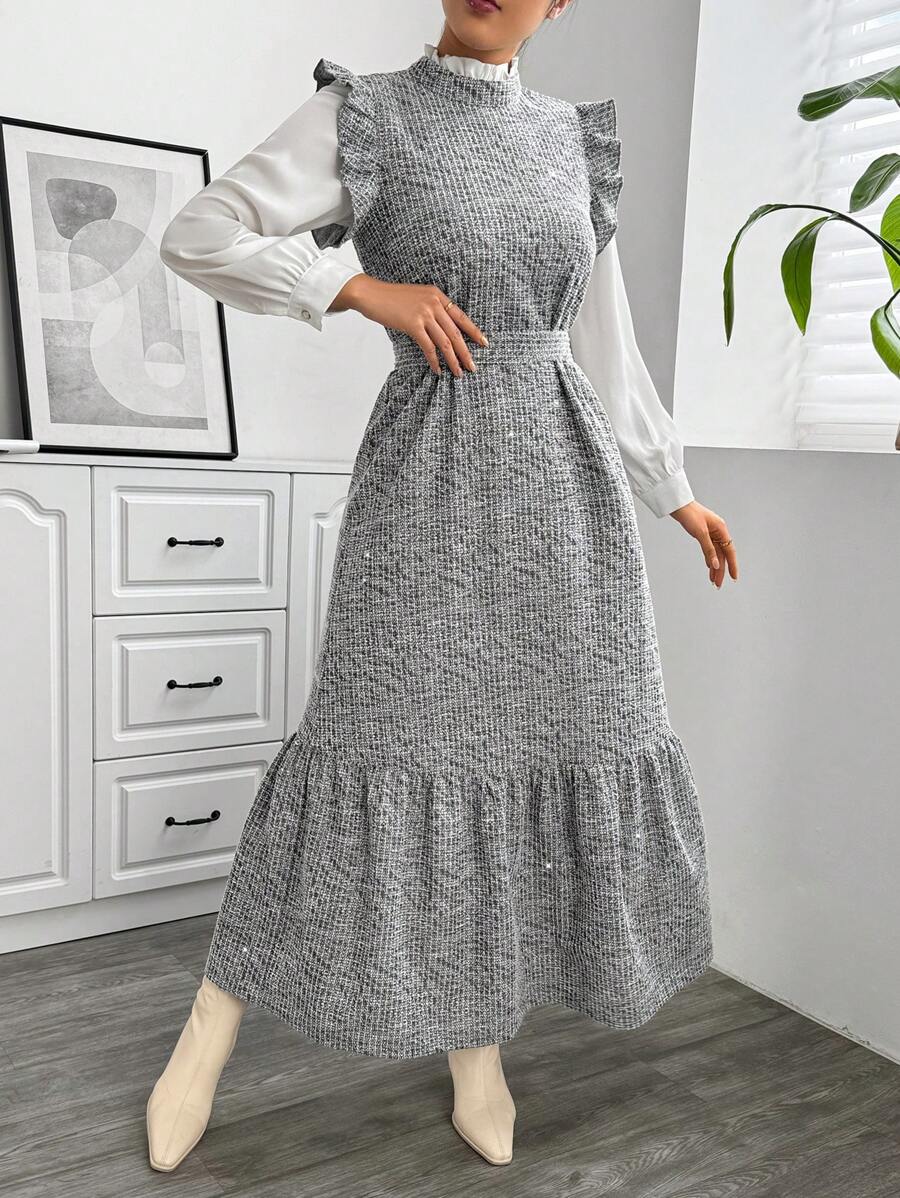 女士休闲系带荷叶边袖口收腰长裙（不含衬衫）、教师装、商务休闲装、返校服、返校节礼服