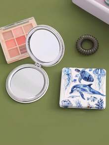 1pc Round/Square Mermaid, Fish, Seafood Cartoon Pattern White PU Foldable Compact Double-Sided Pocket Makeup Mirror, High Definition Hand-Held Touch Up Mirror - Multicolor - View 2