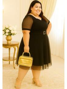 Women's Ribbed Plus Size Dress Evangelical Fashion Midi Tulle Polka Dot - Negro - Ver 2