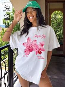 Camiseta de mujer de algodón, camiseta con estampado de orquídea rosa dulce, nuevos modelos de primavera y verano para cuatro estaciones, camisetas deportivas de moda para mujer, suaves y transpirables, tops de manga corta para mujer
