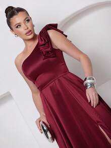 Long Dress For Bridesmaid – One Shoulder With Ruffle And Slit Elegant Simple Elegant Party Satin Side Opening Zipper Pleated Bridesmaid Civil Wedding Debutante Graduate Formal And Evening - 紅木色 - 查看 3