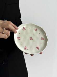 1pc Ins-Style Handpainted Asymmetrical Ceramic Plate, Cute Cartoon Cherry Heart Plate, Dessert Snack Dish, Afternoon Tea Cake Plate, Western Dinnerware, Steak Pasta Plate, Fruit Salad Plate, Holiday Gift For Family & Friends