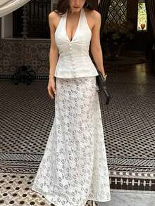 Women's Lace Sheer Sexy Elegant Solid White Maxi Skirt, See Through Suitable For Beach Vacation - White - View 2