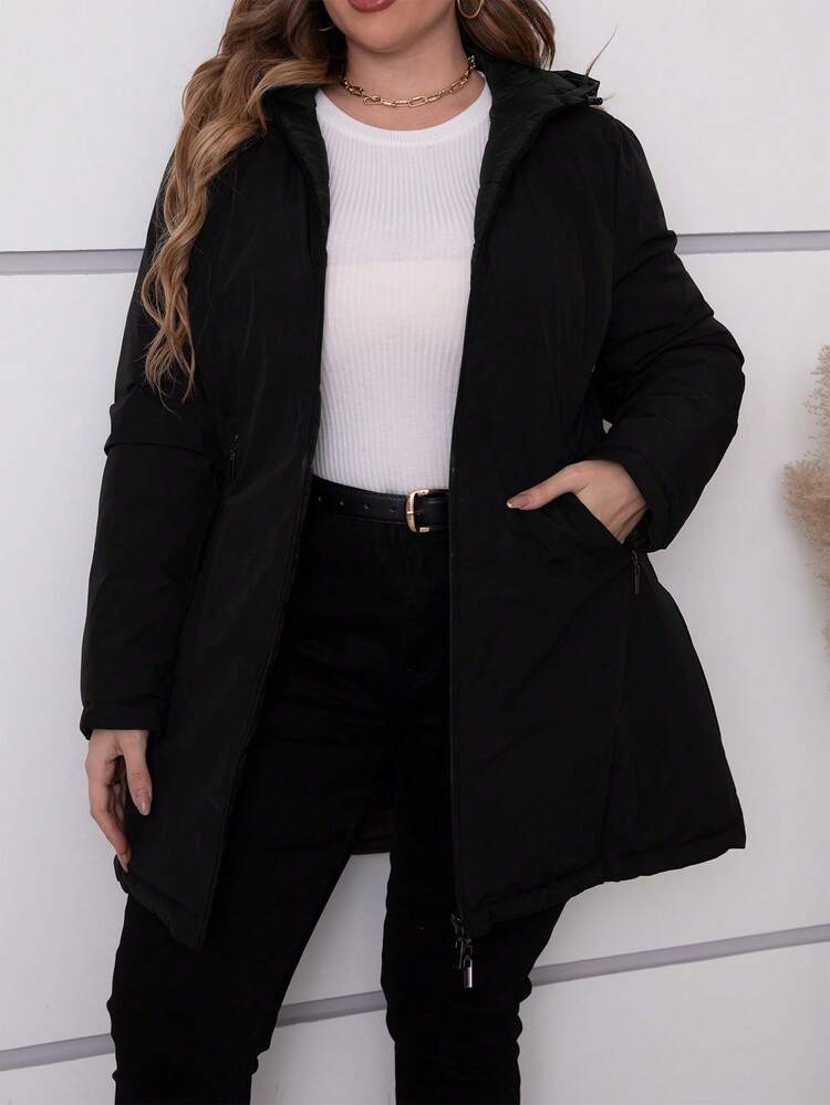 Giolshon Women's Plus Size Hooded Jacket - Reversible Commuter Jacket With Pockets, Suitable For Autumn/Winter Black - Black - View 4