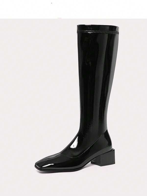 Plus Size Women's Shoes 2025 New Black Thigh High Boots, Thick Heel High Heels Elastic Slim Boots, Soft Leather Over The Knee Riding Boots