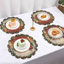 4 pièces de sets de table ronds avec un design du Père Noël et des rennes, en matériau coquillage antidérapant et lavable. Cadeau de Noël, convient pour un usage quotidien, les fêtes, la cuisine, les repas et la décoration de table