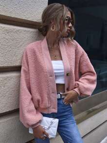 معطف فرو تيدي من قطع ملونة بوردي فاتح بأكتاف منسدلة