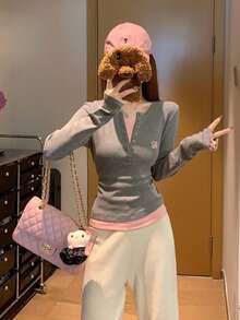 1 件女式修身长袖二合一 T 恤，灰色，秋冬分层上衣