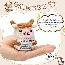 This Handmade Woven Plush Cow Figurine Is Printed With Uplifting And Encouraging Words, Making It A Great Small Gift For Friends And Family. The Adorable Knitted Doll Decor Is Perfect For Placing In The Living Room Or On A Desk, Suitable As A Birthday Gift Or Room Decoration. - Multicolor - View 2