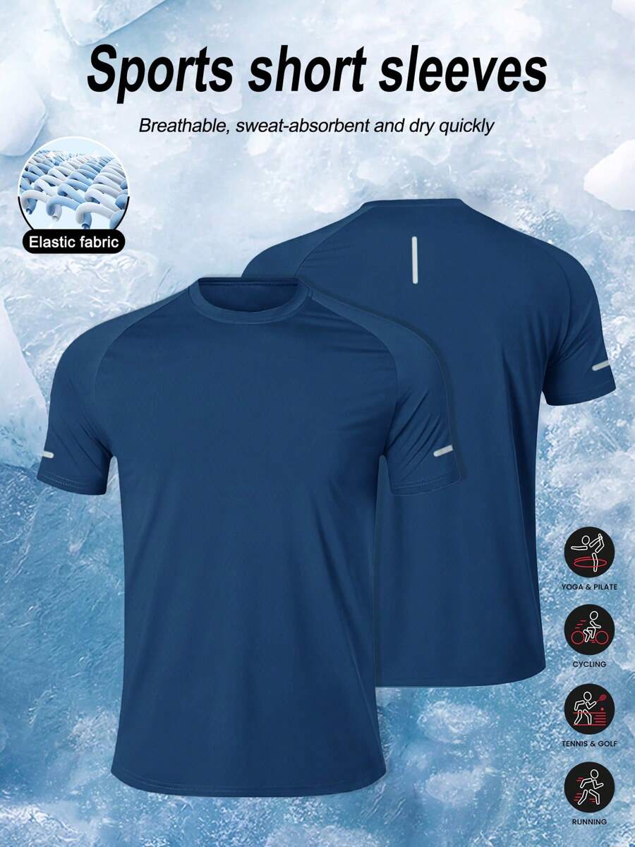 تي شيرت رياضي بأكمام قصيرة خفيف الوزن، قابل للتنفس، مرطب، مطبوع بخطوط عاكسة، بياقة دائرية أساسية بلون سادة للركض والتمارين الرياضية في الهواء الطلق