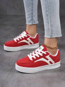 Skate Shoes! Women's Casual Sports Shoes, Breathable Mesh Lining, Pu Leather Shell, Letter Decoration, Stable Flat Bottom, Fashionable Versatile Chinese Red Shoes, Lightweight Design Without Tiredness