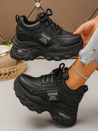 Black Thick Sole Platform Sneakers For Women, Height Increasing