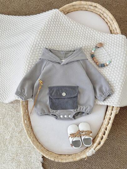 新生男童衣服灯芯绒口袋休闲可爱连帽灰色长袖紧身衣，春秋季