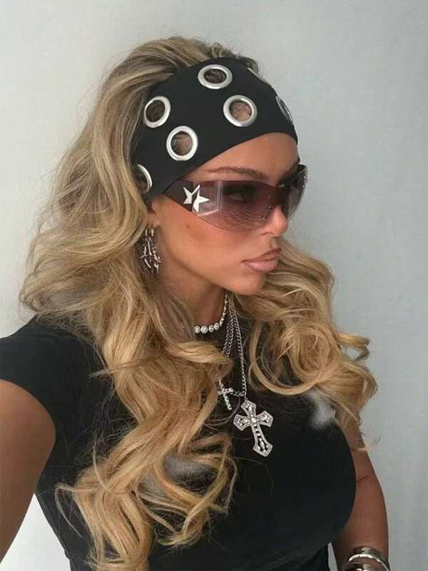 1pc Punk Girl Hollowed Out Eyelets Wide Elastic Headband Stretchy Metal Rock Steampunk For Sports Casual Headbands Hair Accessories