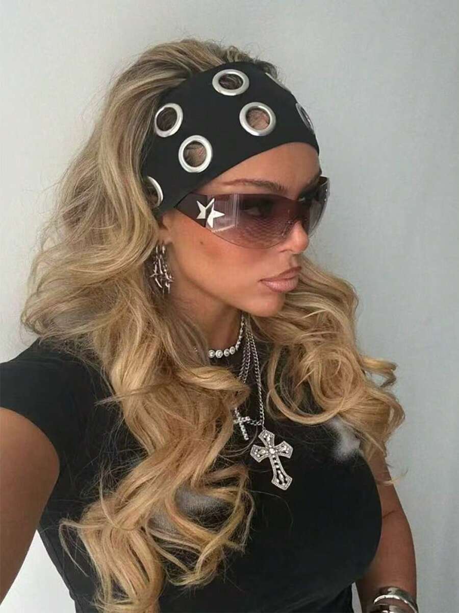 Hair Wrap Women Sweatband 1pc Punk Girl Hollowed Out Eyelets Wide Elastic Headband Stretchy Metal Rock Steampunk For Sports Casual Headbands Hair Accessories Beauty & Casual Occasions For Hair Bands