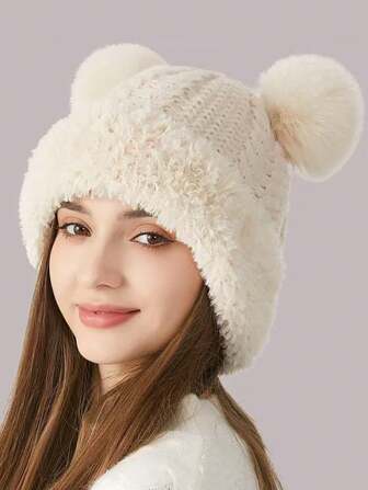 1pc Cute Furry Cap, Acrylic Knitted Small Bear Plush Hat For Women, Autumn/Winter Autumn Accessories