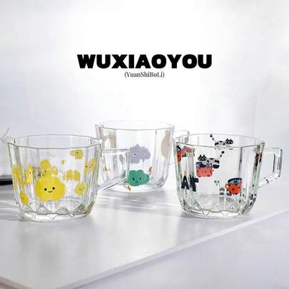 1 pièce Tasse en verre de style de luxe avec poignée, Mug à lait mignon, Tasse de petit-déjeuner à motifs variés pour la maison, Mug à eau de bureau