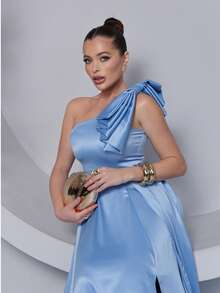 Long Dress For Bridesmaid – One Shoulder With Ruffle And Slit Elegant Simple Elegant Party Satin Side Opening Zipper Pleated Bridesmaid Civil Wedding Debutante Graduate Formal And Evening - 寧靜藍 - 查看 4