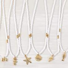 1pc 2025 Summer Beach Small Rice Pearl Necklace With Miniature 18K Gold Plated Stainless Steel Seahorse, Shell, And Starfish Pendant For Women, Casual And Resort Wear