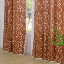 84 Inch Length Boho Farmhouse Curtains Living Room 2 Panels, Linen Semi Sheer Vintage Printed Floral Orange Rustic Curtain Drapes, Terracotta - Black - View 3