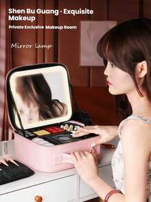 1pc 600mAh Black Travel Makeup Bag With Mirror, Large Capacity Cosmetic Storage Box, Portable Travel Makeup Bag With LED Light, Makeup Mirror, Lighting, LED Light, Night Light, Illumination, Travel Organizer Accessory, Makeup Case, Large Capacity Cosmetic Organizer Box, Makeup Box, Can Store Lipstick, Brushes, Skincare, Phone, Coins, Small Items, Suitable For Home, Gift, Vacation, Holidays (Halloween, Christmas), Bohemian Style