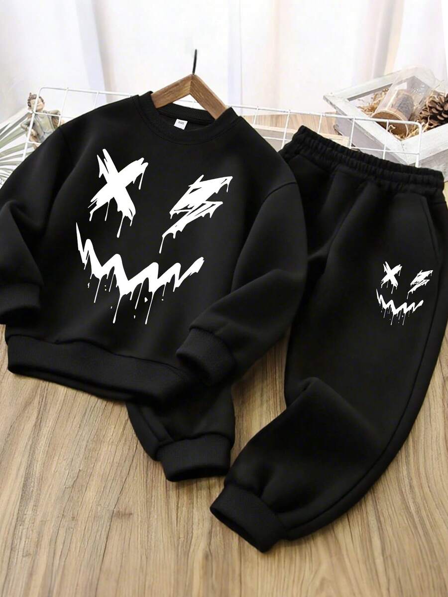 Set de 2 piezas de sudadera con estampado de elemento de individualidad para niño, de tela suave, estilo de ropa urbana y ejercicio para primavera y otoño