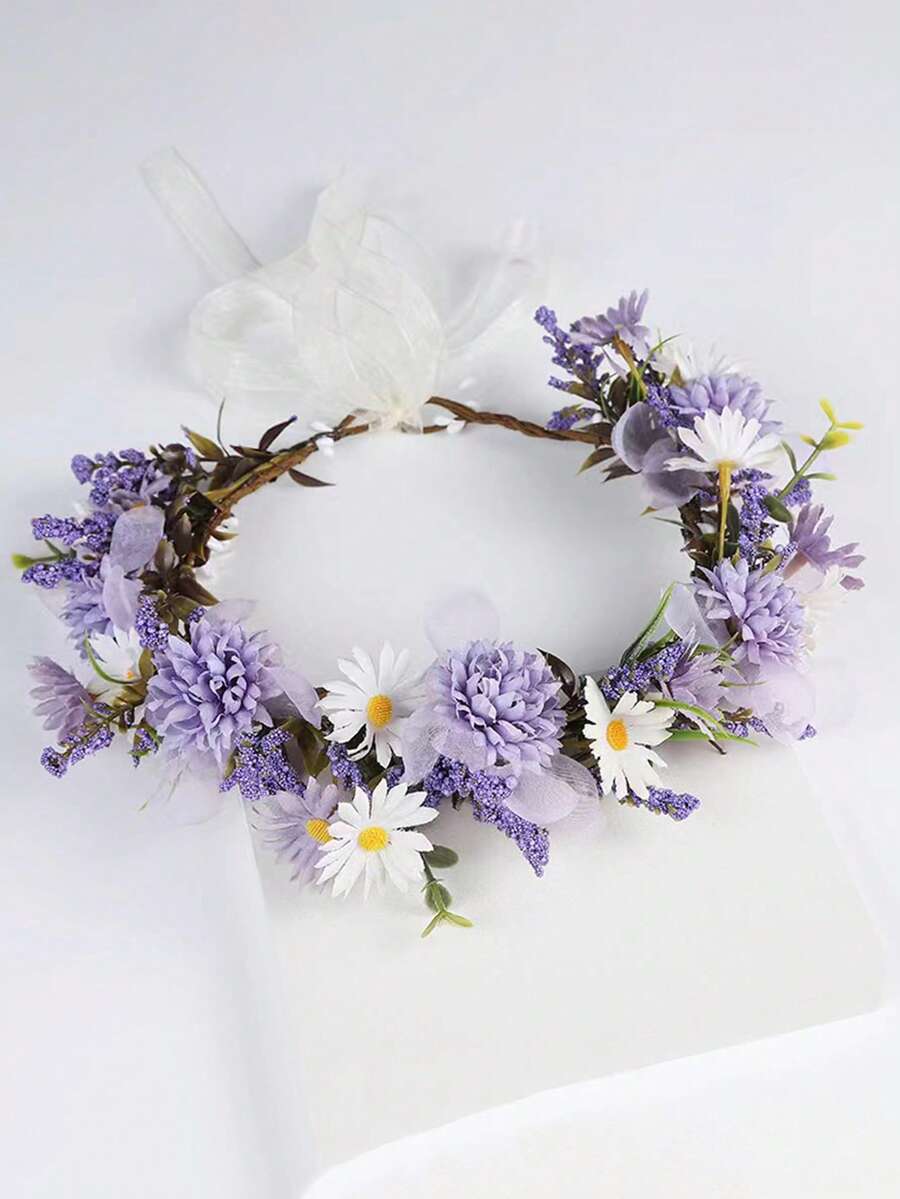 1 pièce Couronne de fleurs de style champêtre élégante pour mariée, accessoire de cheveux romantique pour mariage, festival, costume. Accessoire de cheveux pour femmes, voyage, anniversaire - Prune - Voir 1
