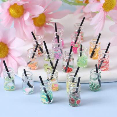 5pcs Realistic Resin Fruit & Bubble Tea Drink Straws, Random Style DIY Mini Handmade Phone Case Jewelry Accessories