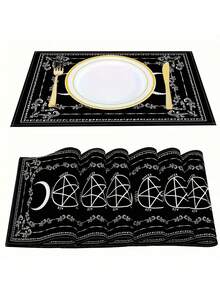 2/4/6/8/10pcs Tarot Card Style Placemats - 30cm X 45cm - Rectangular - Suitable For Home Kitchen Decor, Outdoor Holiday Gathering Party Tabletop Dining Decor - Black - View 2