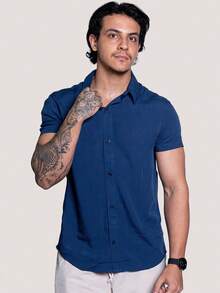 Kit Of 2 Men's Short Sleeve Linen Shirts, Fresh Viscolinho, Social Fashion, Elegant Italian Collar, Old Money - 2 Màu xanh - Xem 4