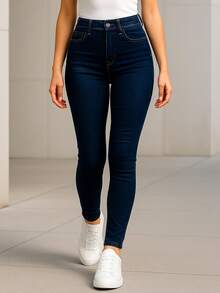 Pantalón skinny de mezclilla para mujer tiro alto – estilo entallado y moldeador - Azul lavado oscuro - Ver 1