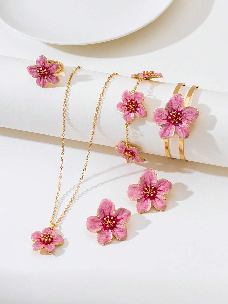 1 Set Handmade Gradient Tie Dye Pink 5-Petal Flower Pendant Necklace, 1 Pair Earrings, 1 Bracelet, 1 Bangle, Jewelry Sets For Women - Pink - View 1