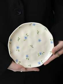 1 pieza Plato de cena de cerámica con estampado floral azul de estilo INS, bandeja de comida esmaltada asimétrica hecha a mano, vajilla del hogar, plato para bistec, pasta, ensalada, postre, fruta, regalo de fiesta para novio/novia