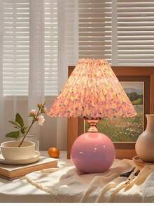 1pc Vintage Floral Pleated Ceramic Lamp, Suitable For Living Room Home Decor, Cute Countryside French Style Bedside Lamp, Decorative Ambient Night Light