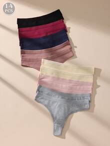 14 Pieces Of Women's Underwear Low Waisted Cotton Thong - Soft And Breathable V-Shaped Pants, Solid Color Simple Women's Underwear, Sexy Triangle Pants, 7 Solid Color S-XL Sizes To Choose From, Ribbed Elastic Comfortable Non Transparent Casual Wear, Daily Essential, Fashionable Style, Soft And Breathable, Modern Women's - 彩色 - 查看 9